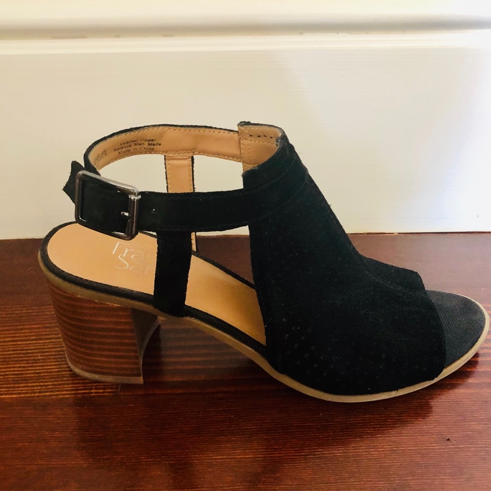 Franco Sarto black leather open toe chunky heels
